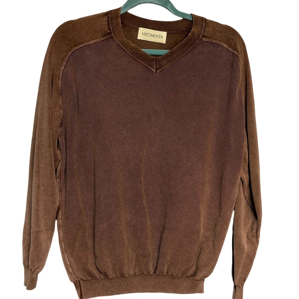 Vestimenta Mens Brown  Old Money V-Neck Mixed Knit Texture Sweater Large Italy